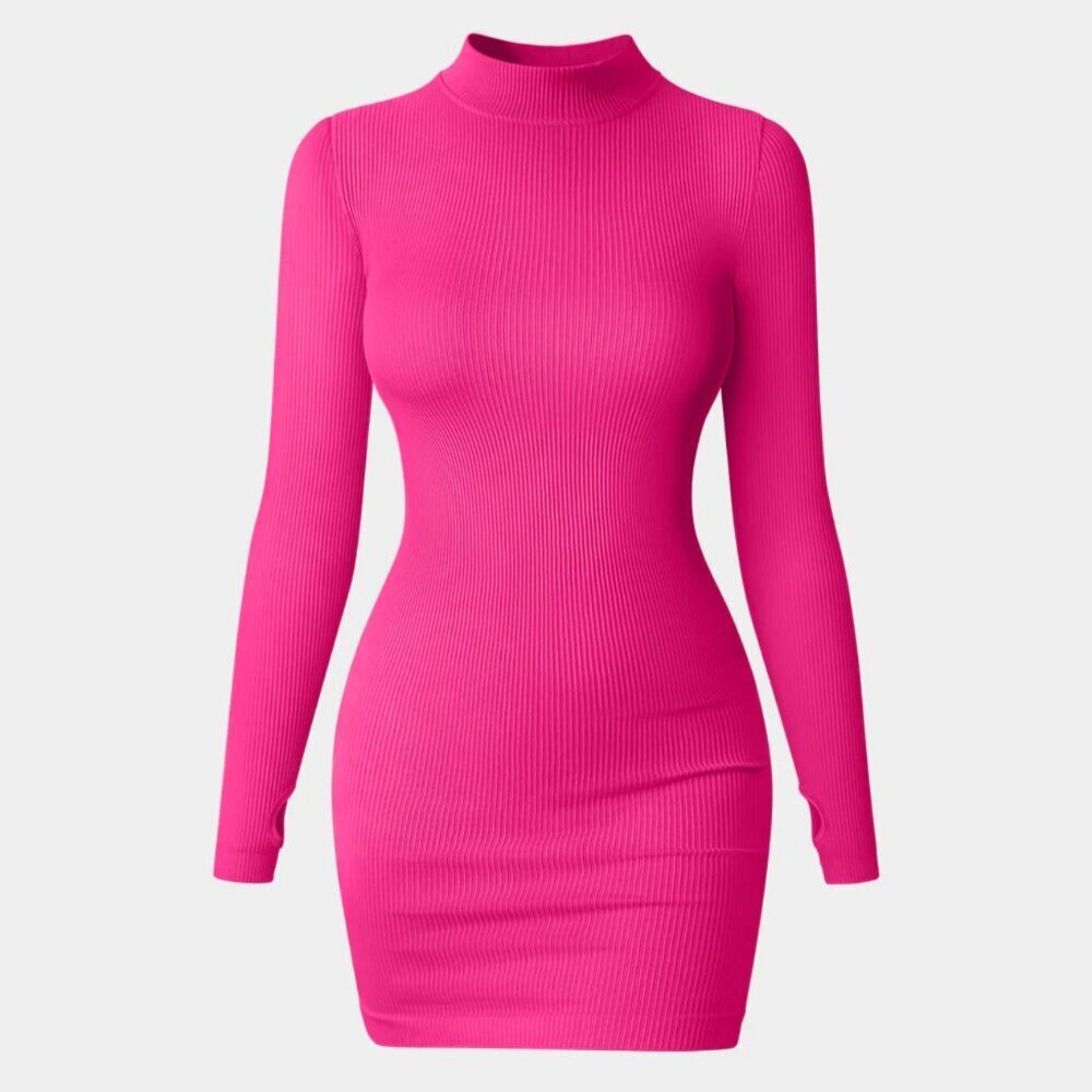 Women's Hot Pink Long Sleeve Ribbed Mini Dress